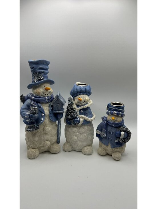 N/A Other - Set Of 3 Snowman Candle Holders With Blue Winter Coats & Glitter Accents